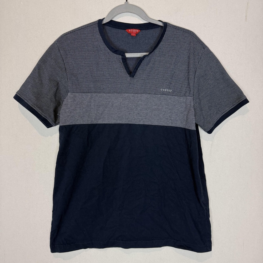 Guess Shirt Mens Large Blue Gray Colorblock Split Neck Short‎ Sleeve Cotton